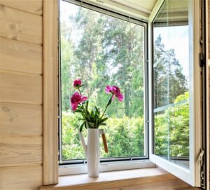 White window with mosquito net in a rustic wooden house overlooking the garden, pine forest. Bouquet of pink peonies in a stylish Scandinavian watering can on the windowsill
